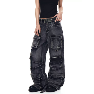 Custom 100% Cotton Fabric Dirty Wash <b>Jeans</b> for Women Y2K Multi Pockets <b>Baggy</b> Cargo Pants Women's Denim - Product Image 1