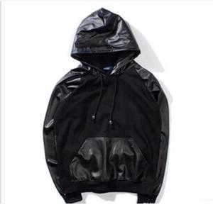 เสื้อมีฮู้ดฮิปฮอปหนังปะต่อสีดำแขนหนังฤดูหนาว - Product Image 1