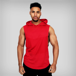 <b>Men's</b> high-quality blank <b>T</b>-<b>shirt</b> featuring a custom logo, <b>curved</b> <b>hem</b>, and cropped sleeveless hoodie design, ideal for gym wear - Product Image 1
