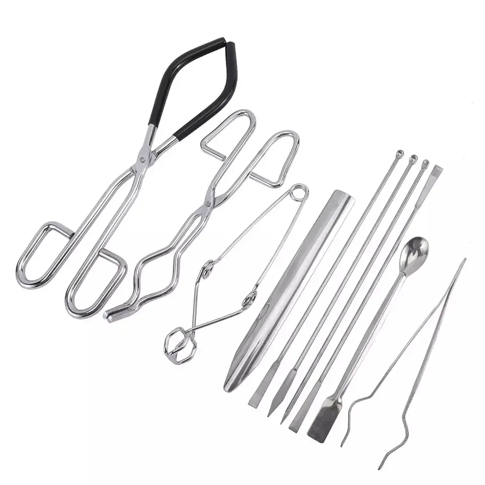 Kit de herramientas de laboratorio, pinzas de vaso de crisol, espátula de laboratorio, cuchara, tubo de prueba, pinzas esterilizador