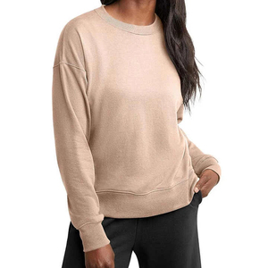 Sweat-shirt à col rond beige uni pour femme, manches longues, tricoté en coton respirant, vêtements d'automne - Product Image 1