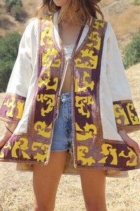 Kimono vintage en coton naturel, brodé à la main, avec franges, à nouer devant, sexy, grande taille, motif géométrique, coupe trapèze, respirant pour l'été - Product Image 3