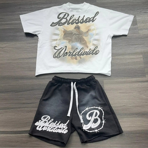 เซ็ตเสื้อยืดลำลองของผู้ชาย2025กางเกงขาสั้นผ้าฝ้ายฟอกสีกรดระบายอากาศได้กำหนดโลโก้ได้เองชุดฤดูร้อน - Product Image 5