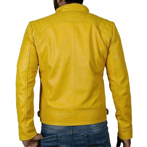 Chaqueta de motorista con cremallera completa de piel de oveja para hombre, chaqueta de bombardero de cuero amarillo suave para hombre - Product Image 2