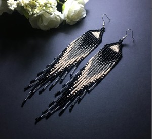 Black Beaded Peacock Fringe <b>Earrings</b>. Black Beige Gray <b>Silver</b> <b>Long</b> Bead <b>Earrings</b> - Product Image 1