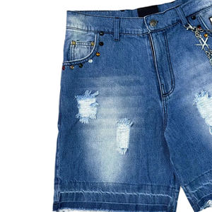 Precio bajo Streetwear Custom Summer OEM Vintage Wash Men Jeans Shorts con diamantes de imitación Pantalones cortos de mezclilla - Product Image 2