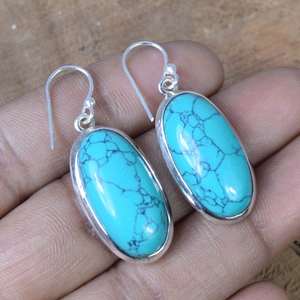 Boucles d'oreilles pendantes en argent sterling et or, turquoise bleue, faites à la main, bijoux en pierres précieuses naturelles, cadeau de haute qualité pour femmes - Product Image 1