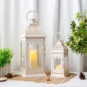 Elegant Antique White <b>Lantern</b> Trio with Pierced Metal Detail Traditional Metal and <b>Glass</b> <b>Lantern</b> Set for Home Decor - Product Image 6