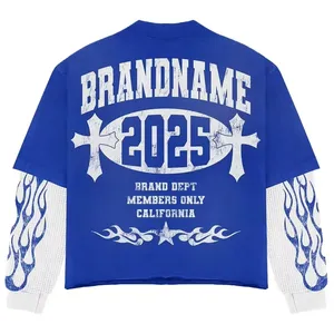 เสื้อยืดลำลองแขนสองชั้นสำหรับผู้ชายเสื้อยืดผ้าฝ้าย100% แขนยาวโอเวอร์ไซส์งาน OEM แบบกำหนดเอง - Product Image 4