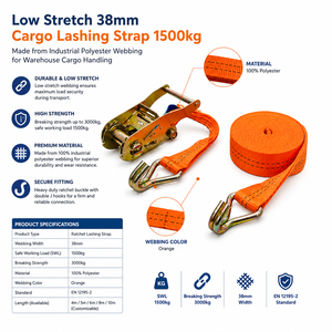 Correa de amarre de carga de baja elasticidad de 38 mm y 1500 kg, hecha de cincha de poliéster industrial para el manejo de carga en almacenes - Product Image 3