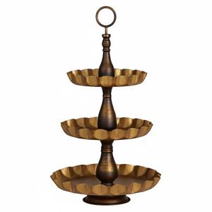Support de service à trois niveaux de style élégant, en métal doré antique et en bois massif, plateau de présentation pour gâteaux, desserts, fruits, pour un usage domestique - Product Image 1