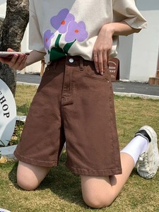 Pantalones cortos de mezclilla marrón para mujer, novedad de verano 2025, pantalones cortos Retro americanos de cintura alta, pantalones cortos rectos versátiles holgados de ocio para mujer - Product Image 3