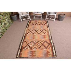 Tapis écologique turc 3,6x7,7 pieds, tapis en laine Kilim vintage patchwork avec envers en latex, orange - Product Image 1