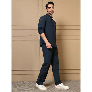 Navy Blue Cotton Kurta With Pant <b>Men</b> Co-ord Set - Product Image 5