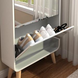 Meuble à chaussures en MDF avec cadre étroit et élégant avec miroir Miroir pleine longueur Rangement à <span class=keywords><strong>4</strong></span> niveaux Pieds en bois massif pour entrée - Product Image 2