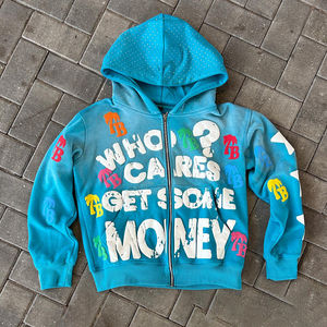 Sweat à capuche zippé de haute qualité en gros Streetwear impression de bulles manteau à capuche zippé lavé à l'acide avec strass personnalisé pour hommes - Product Image 1