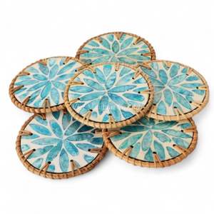 แผ่นรองแก้วทำจากมุกธรรมชาติขอบหวาย สำหรับตกแต่งบ้านและเสิร์ฟเครื่องดื่ม จำหน่ายจำนวนมาก - Product Image 1
