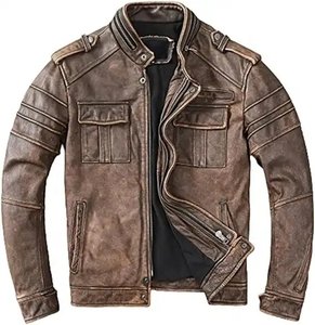Chaquetas de cuero de piel de oveja auténtica Vintage de alta calidad para hombre, chaqueta de cuero genuino negro para hombre, chaqueta de motociclista para hombre - Product Image 6