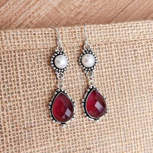 Ruby & <b>Pearl</b> Dangle <b>Earrings</b> <b>Silver</b> Plated Boho Jewelry Handmade Multi Stone <b>Earrings</b> Gift for Her Elegant Drop <b>Earrings</b> for - Product Image 2