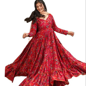 Full Size Regular Length Faux Fur Digital Printed Holiday Special Anarkali Style Party Fancy Color Kurti Set - Product Image 1