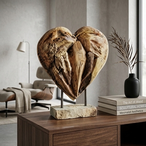 Velove Stand Handcrafted <b>Wooden</b> Heart Sculpture <b>Rustic</b> Romantic Tabletop Decorative Artwork Metal Stand Home Decor Display - Product Image 4