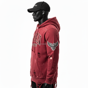 Sweat à capuche premium en molleton épais 360GSM, couleur bordeaux, lavage vintage, avec broderie, logo personnalisé et détails usés, sweat à capuche basique - Product Image 5