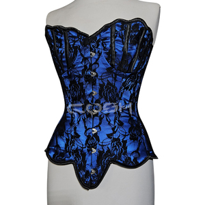 Corset Overbust Gothique Burlesque en Satin Bleu et Résille Noire avec Baleines en Acier, Vêtement de Mode pour Courbes, Fournisseur - Product Image 1