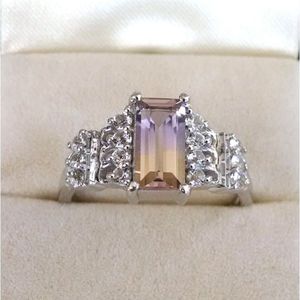 Shah Gems Women's Natural Ametrine <b>Solitaire</b> <b>Ring</b> 925 Sterling <b>Silver</b> Moissanite <b>Rings</b> - Product Image 1
