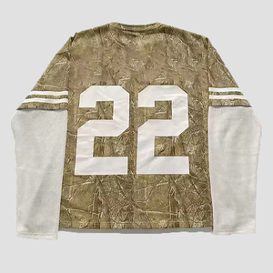 Wholesale Men's Oversized High Street T-<b>Shirts</b> 100% Cotton Screen Printed Double <b>Waffle</b> Sleeves Side Stripes Raw Hem Drop - Product Image 3