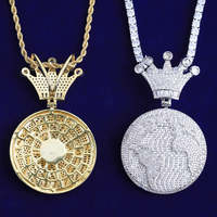 Pendentif pour homme en alliage de zinc 24K avec zircon, style hip-hop, thème Roi du Monde, en forme de globe, cadeau