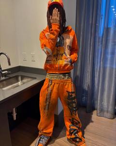 Custom Streetwear Graphic Cotton Distressed Acid Wash <b>Zip</b> <b>up</b> Double Waist Sweatpants and <b>Hoodie</b> Set Manufacturers tracksuit - Product Image 6