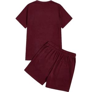 2022 camiseta informal de verano con logotipo personalizado para hombre, Camiseta con estampado de letras y cintura con cordón, Top teñido liso y pantalones cortos, conjunto tejido con patrón sólido - Product Image 4