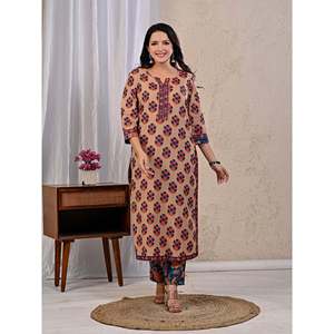 Beige Butta <b>Block</b> <b>Printed</b> Cotton Kurta Pant Set with Mulmul Dupatta Indian Style Ethnic Wear for Daily Party Occasions - Product Image 5