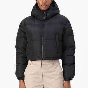 Women's Trendy <b>Cropped</b> Puffer <b>Jacket</b> Hooded Quilted Warm Winter Coat Zip-Up Drawstring Outwear Wholesale OEM Custom Logo - Product Image 2