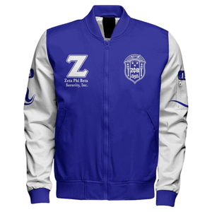 Giacca Satinata Zeta Phi Beta per Donne Stile Anni '20 Blu e Bianca con Ricamo dello Scudo ZPB Abbigliamento Greco Premium Stile Varsity - Product Image 1