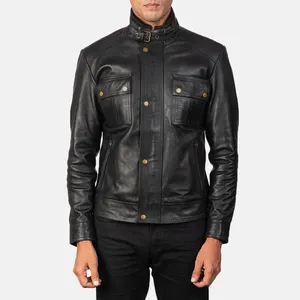 Новая модная мужская кожаная куртка на молнии, Стильная мужская куртка из натуральной кожи с боковыми карманами