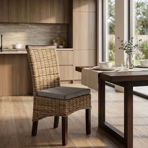 Chaise de salle à manger moderne en rotin tressé naturel avec coussin gris et pieds en bois massif, chaise d'appoint d'extérieur pour patio, salon et usage scolaire - Product Image 4