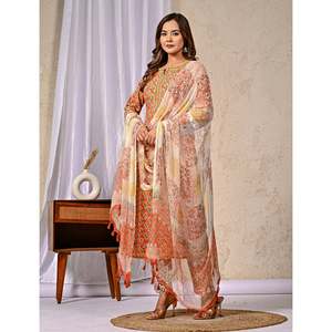Orange Butta <b>Block</b> <b>Printed</b> Silk Kurta Pant Set Anarkali Indian Style with Salwar for Party Wear Special Occasions Net Fabric - Product Image 6
