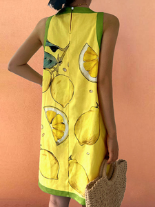 Abito estivo casual da donna in stile bohémien, comodo, senza maniche, con motivo a foglie di limone a blocchi di colore - Product Image 6