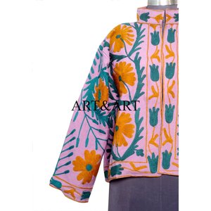 Veste matelassée en coton 100% écologique pour femme, brodée Suzani, style bohème multicolore floral, aspect riche, veste vintage - Product Image 2