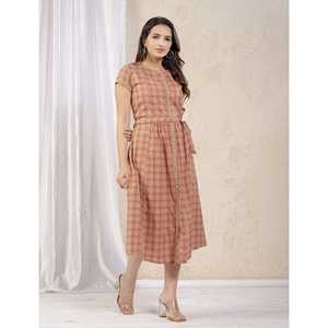 Vestido Corto Estampado de Algodón Color Durazno, Elegante, Casual, Hasta la Rodilla, Mangas Abullonadas, Cierre de Cremallera, Transpirable, Cintura Natural, para el Día a Día y Fiestas, Talla XS - Product Image 5