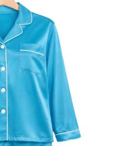 Conjunto de Pijama de Seda Satén Azul Cielo para Mujer, Fabricante, Botones, Manga Larga, Ropa de Dormir, Lujoso, Suave, Brillante, Ropa de Estar por Casa - Product Image 3