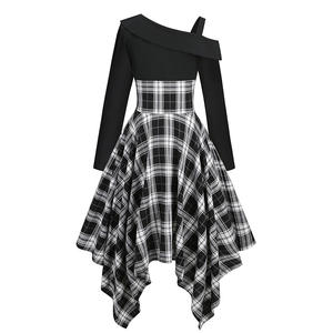 Womens Fashionable Waistband Apron Dress Long <b>Sleeve</b> Plaid Knee Length Digital Printing with Irregular Hem and Shoulder Strap - Product Image 4