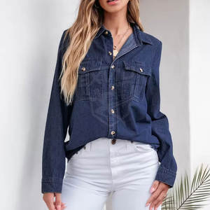 Chemise en jean à manches longues ajustée, boutonnée devant, vêtement décontracté, haut tendance pour le bureau et l'usage quotidien, chemise pour femmes - Product Image 4