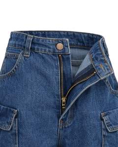 Pantalon cargo en jean à taille haute et jambes larges pour femmes, fabriqué sur mesure, bleu clair délavé, multi-poches, streetwear, décontracté, tendance - Product Image 4