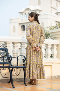 100% coton indien vêtements main bloc imprimé gris moutarde Floral Maxi robe gland cravate cou évasé manches longues tenue décontractée - Product Image 2