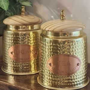 Gold Hammered Metal Storage Jar <b>Set</b> with Wooden Lid Modern Luxury <b>Tea</b> and Sugar Containers - Product Image 6