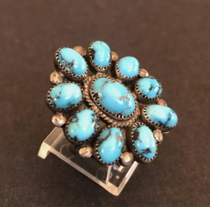 Vintage Sterling Silver <b>Ring</b> Brilliant Blue <b>Turquoise</b> Cluster Size 7 Oval Cut Natural Stone Bezel Setting Trendy Wedding Party - Product Image 3