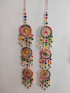 Set of 2 3 Ft Handcrafted Rajasthan <b>Pom</b> <b>Pom</b> Chakri Hanging Torans Garland Bandhwar With Golden Bells - Product Image 2