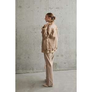 Wholesale Shearling Fur-<b>Lined</b> Beige <b>Jacket</b> with Epaulets Windproof Feature - Product Image 1